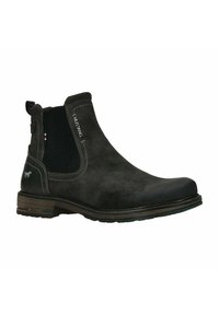 Czarne zamszowe botki za kostkę z elastycznymi bocznymi panelami, okrągłym noskiem i kontrastującą gumową podeszwą. Posiadają przeszycia oraz pętelkę do łatwego zakładania.