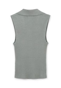 Top a costine senza maniche di colore grigio chiaro con un ampio colletto, mostrato disteso dal retro.