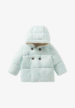 Giacca imbottita azzurro chiaro per bambini con cappuccio, motivo floreale, chiusura doppiopetto con bottoni e morbida fodera bianca all'interno del cappuccio.