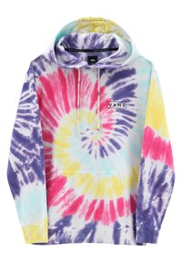 Sudadera de tie-dye en colores pastel con remolinos en púrpura, rosa y amarillo. Incluye un bolsillo frontal y un parche con el logo que dice "VANS."