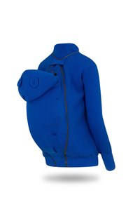 Blauer Maternität-Hoodie mit einer Vorderasche und verstellbarem Kapuzen, aus weichem Stoff gefertigt. Merkmale sind ein durchgehender Reißverschluss und gerippte Bündchen.