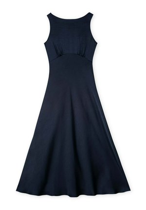 Navy blue sleeveless dress featuring a fitted bodice and flared skirt, made of smooth fabric with subtle texture and seams for detail.