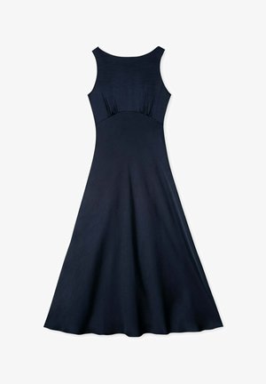 Navy blue sleeveless dress featuring a fitted bodice and flared skirt, made of smooth fabric with subtle texture and seams for detail.