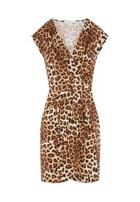 Vestito avvolgente con motivi leopardati in tonalità beige e marrone, caratterizzato da scollatura a V, maniche corte e vita con cintura, con gonna fluente. Tessuto morbido.