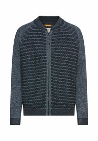 Sweter kardigan z zamkiem z przodu, z teksturowanym ciemnoniebieskim wzorem, ściągaczami na rękawach i okrągłym dekoltem. Miękki, ciepły materiał.