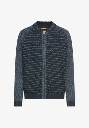 Gebreid vest met een rits aan de voorkant, voorzien van een textuur in donkerblauw, geribbelde manchetten en een ronde halslijn. Zacht, comfortabel materiaal.