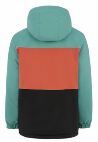 Giacca a blocchi di colore con cappuccio; presenta sezioni turchesi, arancioni e nere; realizzata in tessuto liscio e leggero; polsini elasticizzati.