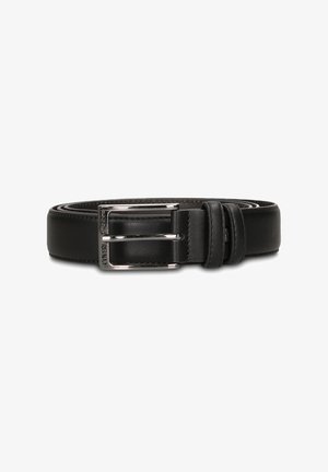 Ceinture en cuir noir enroulée avec une boucle rectangulaire argentée et deux passants noirs sur fond blanc.