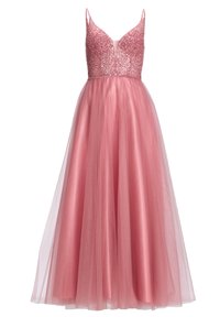 Mouwloze roze avondjurk met een met kralen versierde lijfje, diepe V-halslijn en een vloeiende tule rok, ontworpen voor formele gelegenheden.