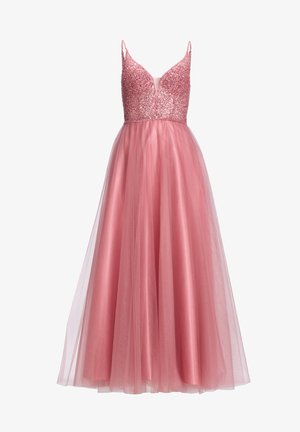 Robe de soirée rose sans manches avec un corsage orné de perles, un décolleté en V profond et une jupe fluide en tulle, conçue pour des occasions formelles.