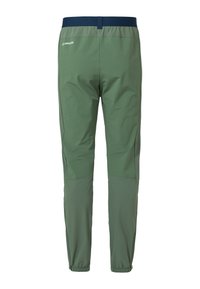 Groene outdoorbroek met een elastische tailleband, marineblauwe accentband en taps toelopende pasvorm. Gemaakt van lichtgewicht stof met een gladde structuur.