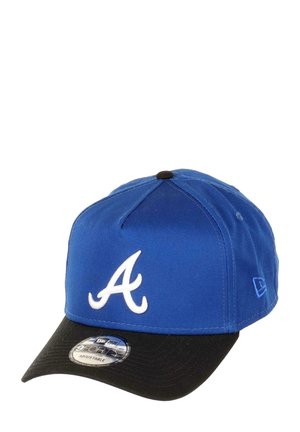 Blue baseball cap with black brim, featuring a white embroidered "A" logo on the front and a black button on top. Adjustable strap at back.