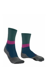 Socken zeichnen sich durch eine Kombination aus dunkelgrün, pink und grau mit unterschiedlichen Texturen aus. Das Design umfasst einen gepolsterten Knöchel und eine ergonomische Formung.