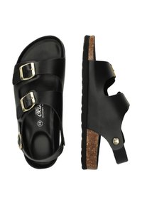 Svarta ergonomiska sandaler med två justerbara remmar, gyllene spännen och en korkmellansula. Halkfri gummisula för ökad stabilitet.