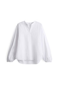 Weißes Langarmshirt mit V-Ausschnitt, lockerer Passform, gerafften Ärmeln und abgerundetem Saum, aus leichtem Stoff.