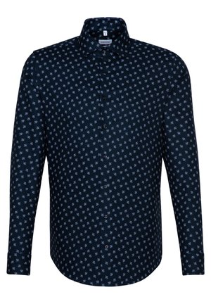 Tmavě modrá košile s dlouhým rukávem na knoflíky, s malým světle modrým květinovým vzorem a klasickým límečkem.