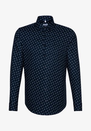 Chemise à manches longues bleu foncé avec un petit motif floral bleu clair et un col classique.