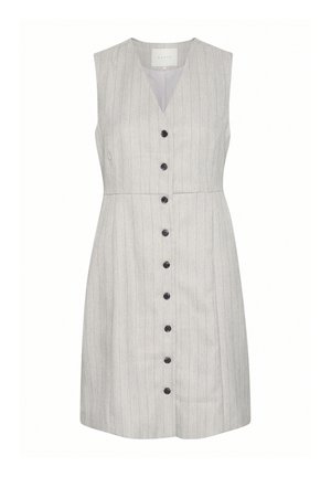 Bez Piedurknēm, gaiši pelēks kleita ar vertikālām svītrām, ar V veida kakla izgriezumu un septiņām melnām pogām priekšā. Pielāgota dizaina.