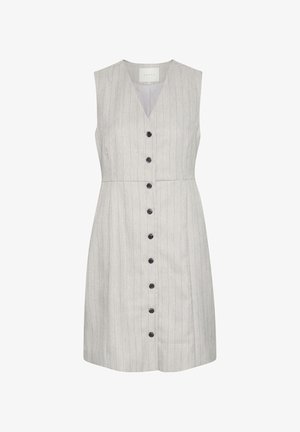 Bez Piedurknēm, gaiši pelēks kleita ar vertikālām svītrām, ar V veida kakla izgriezumu un septiņām melnām pogām priekšā. Pielāgota dizaina.