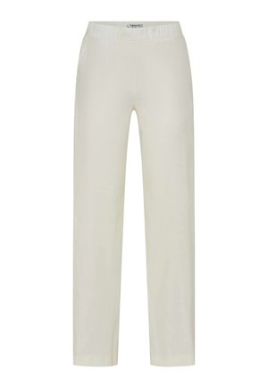 Pantalon à jambes droites de couleur crème avec taille élastique, sans poches visibles ni ornements, vue de face sur fond blanc.