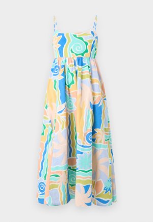 Μάξι αμάνικο φόρεμα με τετράγωνο ντεκολτέ, εφαρμοστό μπούστο, ραμμένη μέση και πολύχρωμο αφηρημένο λουλουδένιο μοτίβο σε παστέλ αποχρώσεις.