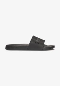 Zwarte schuifsandalen van synthetisch materiaal; voorzien van een brede band met een reliëflogo en een gestructureerde voetbed voor comfort.