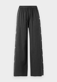 Black wide-leg pants with an elastic waistband and drawstring, featuring white embroidered accents along the side seam. Smooth texture.