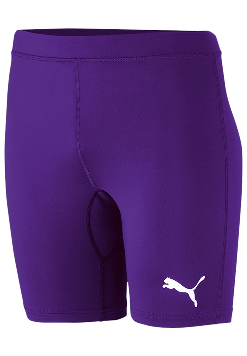 Lila Sportshorts aus glattem Material, mit einem elastischen Bund und einem weißen Logo-Akzent am linken Bein.