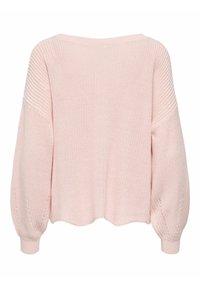 Pull en tricot rose pâle avec de longues manches bouffantes et des poignets côtelés, présenté de dos sur un fond blanc.