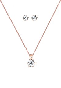 Halskette aus Roségold mit einem blütenförmigen klaren Kristallanhänger und passenden Ohrsteckern, ausgestattet mit einer glatten Kette mit einer feinen Textur.
