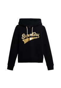 Sudadera negra de algodón, con un logo dorado de "SuperDry", cordones ajustables, bolsillo frontal y puños y dobladillo acanalados.