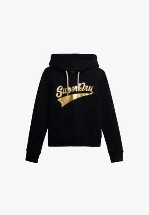 Zwarte hoodie van katoen, met een gouden 'SuperDry'-logo, verstelbare trekkoorden, een vo zak en ribgebreide manchetten en zoom.
