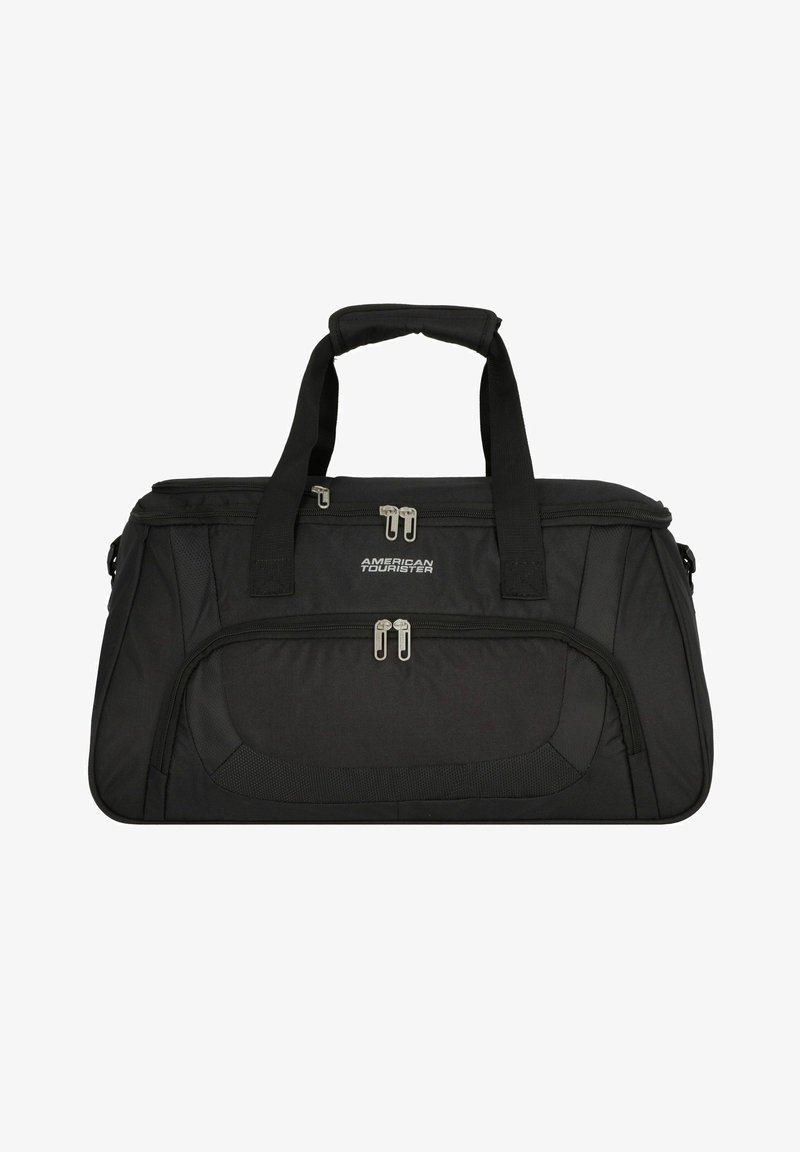 Schwarze Duffel-Tasche mit zwei oberen Griffen, Reißverschlusstaschen und strukturierten Akzenten. Verfügt über silberfarbene Reißverschlussbeschläge und Branding.