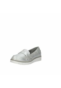 Scarpa slip-on argento con finitura testurizzata, caratterizzata da una fascetta sulla parte superiore, punta rotonda e suola in gomma bianca.