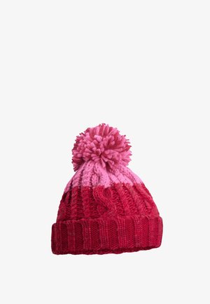 Knit winter hat with pink pom-pom, pink upper section, and red ribbed lower section.