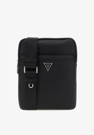 Geantă crossbody Guess de culoare neagră, realizată dintr-un material texturat, având un fermoar superior, o curea ajustabilă și un accent cu logo triunghiular.