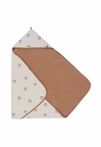 Couverture pour bébé en coton avec un côté beige présentant un motif texturé. L'autre côté est uni marron, avec des coins arrondis.