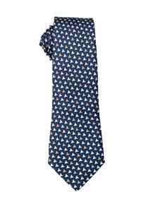 Sinine kaelarihm, millel on korduv muster väikestest valgetest ja tanžkollastest kolmnurkadest, kokku volditud kitsas otsas.