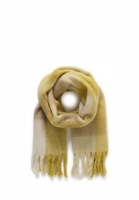 Sciarpa a quadri gialla e beige realizzata in tessuto morbido, con bordi frangiati e un design piegato e accogliente.