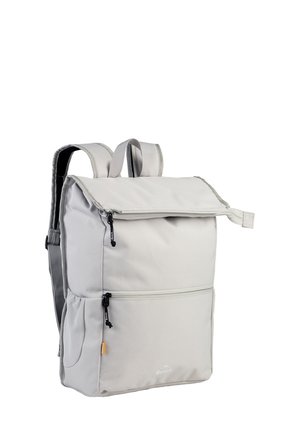 Light grey backpack with a roll-top design, featuring adjustable straps, a front zip pocket, and a logo on the lower front. Smooth fabric texture.