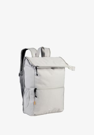 Light grey backpack with a roll-top design, featuring adjustable straps, a front zip pocket, and a logo on the lower front. Smooth fabric texture.