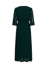Robe midi vert foncé à manches mi-transparentes avec motif floral embossé, taille ajustée et jupe fluide vue de dos.
