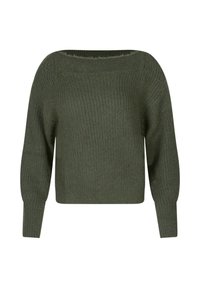 Pull en tricot vert foncé avec un large col bateau, des manches longues et une coupe décontractée. Le tissu texturé ajoute de l'intérêt visuel.