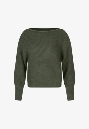 Pull en tricot vert foncé avec un large col bateau, des manches longues et une coupe décontractée. Le tissu texturé ajoute de l'intérêt visuel.