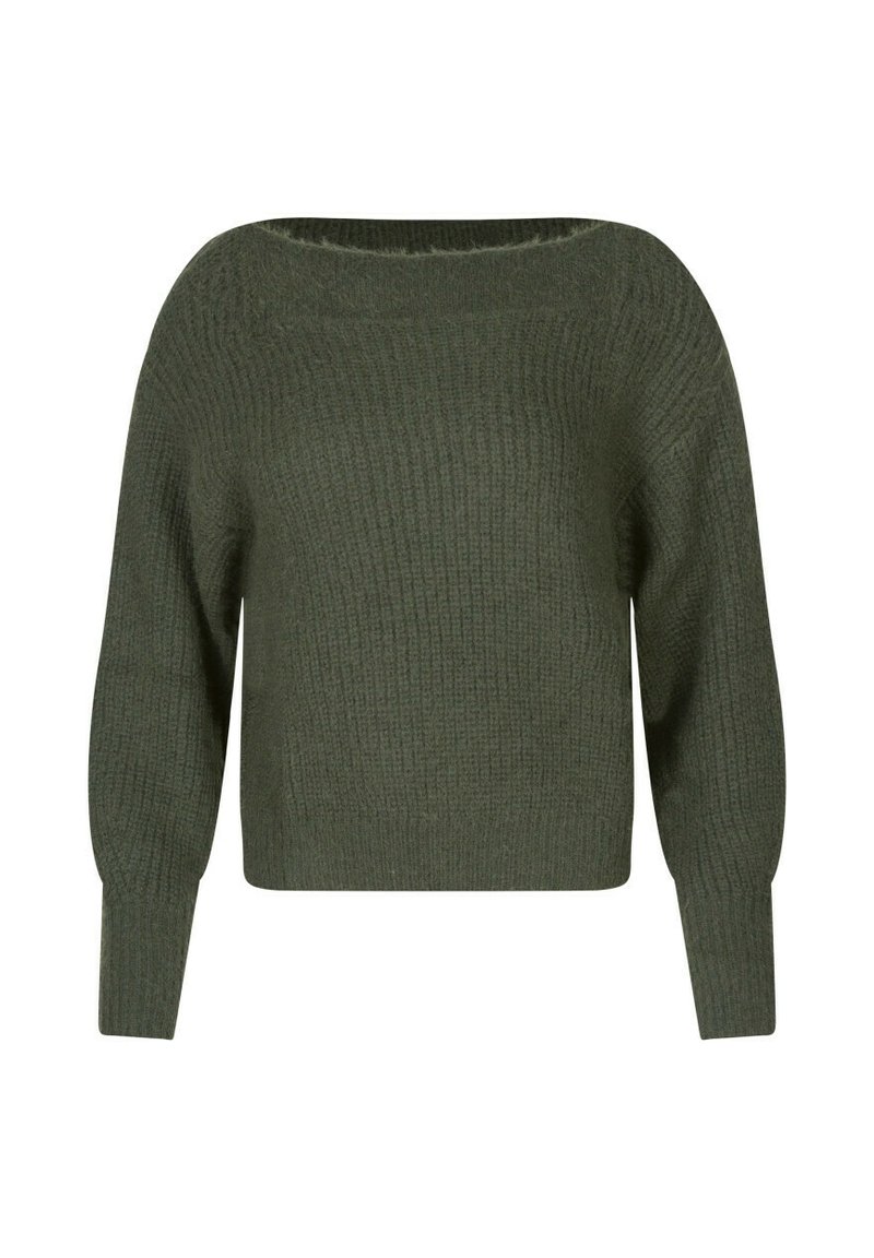 Pull en tricot vert foncé avec un large col bateau, des manches longues et une coupe décontractée. Le tissu texturé ajoute de l'intérêt visuel.