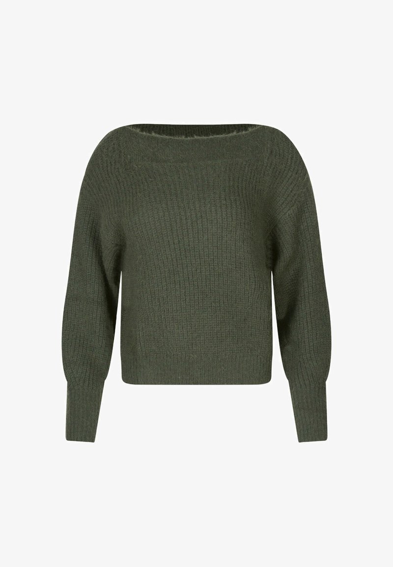 Pull en tricot vert foncé avec un large col bateau, des manches longues et une coupe décontractée. Le tissu texturé ajoute de l'intérêt visuel.