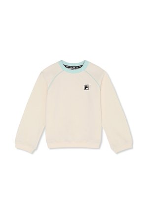 Sudadera cremosa de manga larga con cuello azul claro y logo de FILA en el pecho izquierdo, puños y dobladillo acanalados.