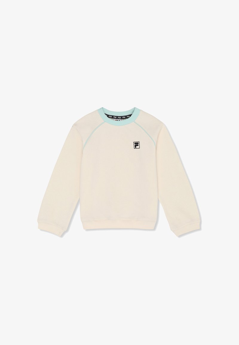 Sweat-shirt crème à manches longues avec col bleu clair et logo FILA sur la poitrine gauche, poignets et ourlet côtelés.