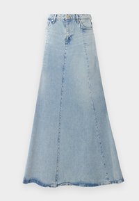 Lyseblå denimskjørt med en vida A-linjeform, som har en frontknapplukking, beltehemper og synlig sømdetaljering.