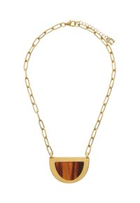 Złoty naszyjnik z łańcuchem z zawieszką w kształcie półksiężyca, z brązowym, marmurowym wstawką. Ogniwa łańcucha są wydłużone, z zapięciem na kraba.